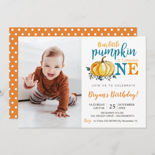 Pumpkin Fall First Birthday convite fotografia (Frente/Verso)