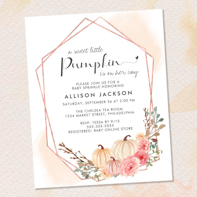 Pumpkin Floral Baby Sprinkle Convite (Celebrate the upcoming arrival of your sweet little autumn baby with a pumpkin-themed baby sprinkle)