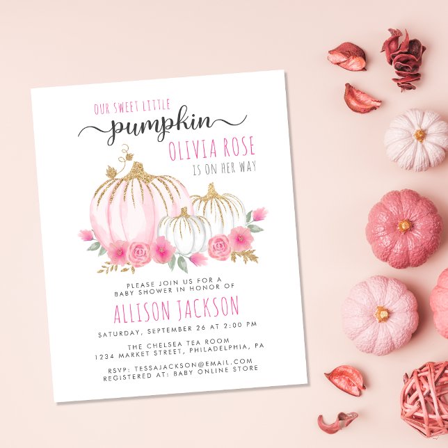 Pumpkin Floral Watercolor Baby Girl Chá (Celebrate the upcoming arrival of your sweet autumn baby girl with a pumpkin-themed baby shower)