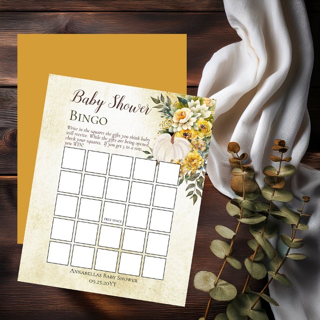 Pumpkin Harvest | Bingo de Chá de fraldas Floral D (White Pumpkin and Gold Floral Baby Shower Bingo Game Print Only - Little Pumpkin Collection)