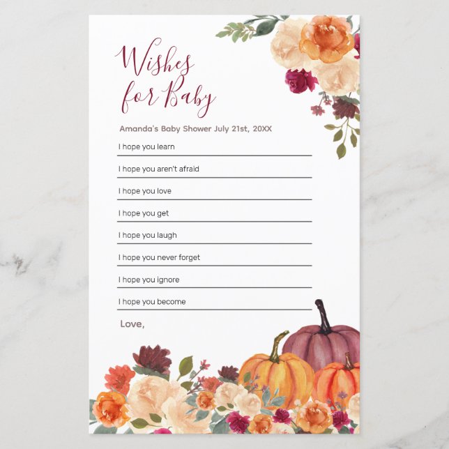 Pumpkin Laranja Queimado Aquarela Desejos para Beb (Frente)