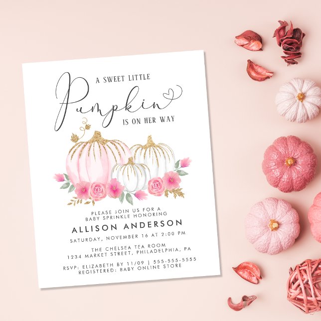 Pumpkin Pink Floral Baby Girl Sprinkle Convite (Celebrate the upcoming arrival of your sweet autumn baby girl with a pumpkin-themed baby sprinkle)