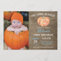 Pumpkin Primeiro Aniversário Convite Azul Burlap