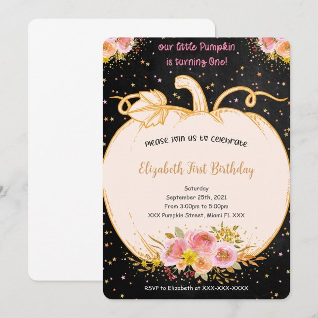 Pumpkin Primeiro Convite de Aniversário (Frente/Verso)