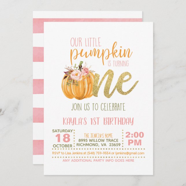 Pumpkin Primeiro Convite de Aniversário - Menina (Frente/Verso)