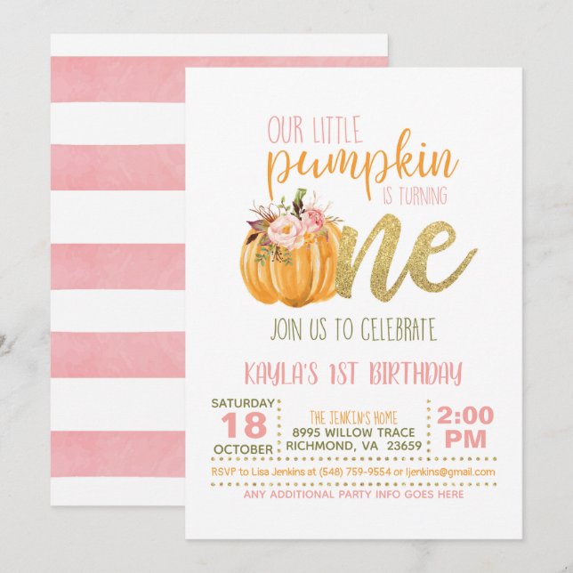 Pumpkin Primeiro Convite de Aniversário - Rapariga (Frente/Verso)