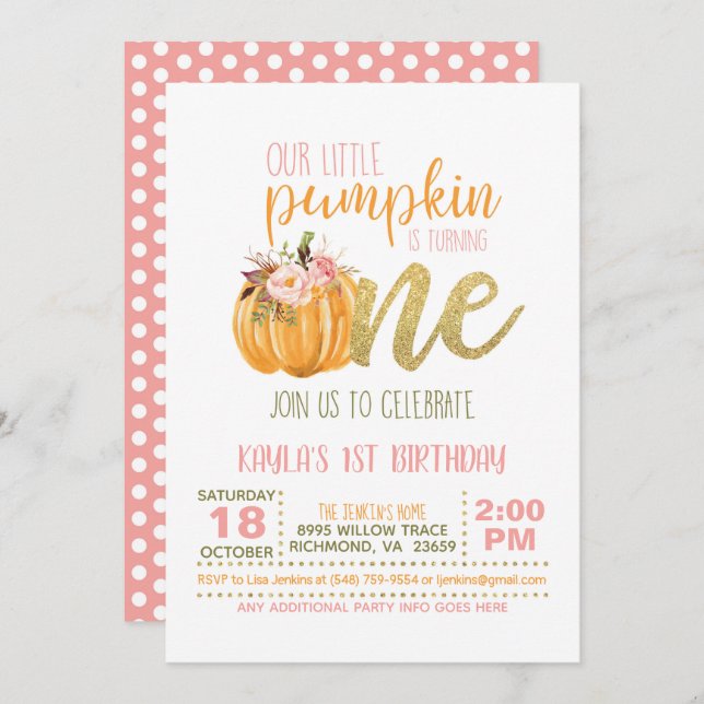Pumpkin Primeiro Convite de Aniversário - Rapariga (Frente/Verso)
