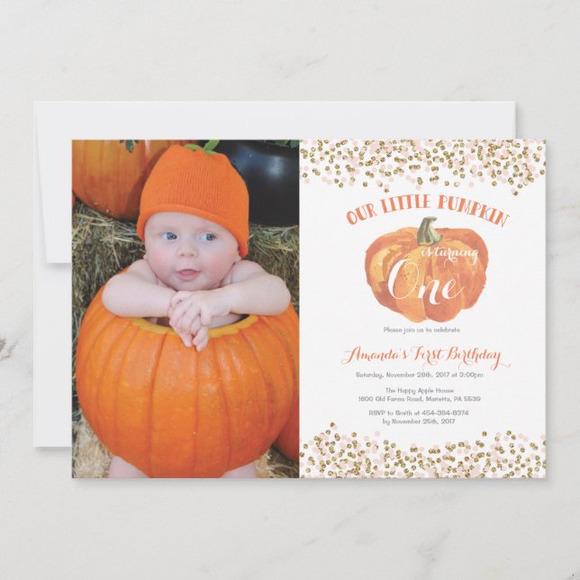 Pumpkin Primeiro Convite de Aniversário Rosa e Dou (Frente)