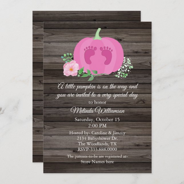 Pumpkin rosa Convite à Chá de fraldas de madeira r (Frente/Verso)