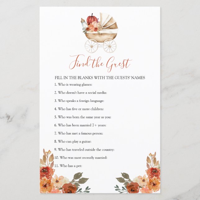 Pumpkin Stroller Floral Baby Shower Find The Guest (Frente)