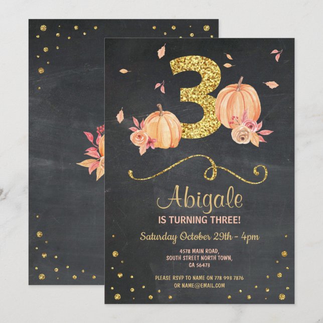 Pumpkin TRÊS Aniversários 3º Convites Dourados (Frente/Verso)