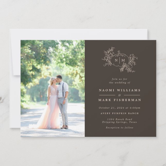 Pumpkin Vines Monograma Convite para Casamento (Frente)