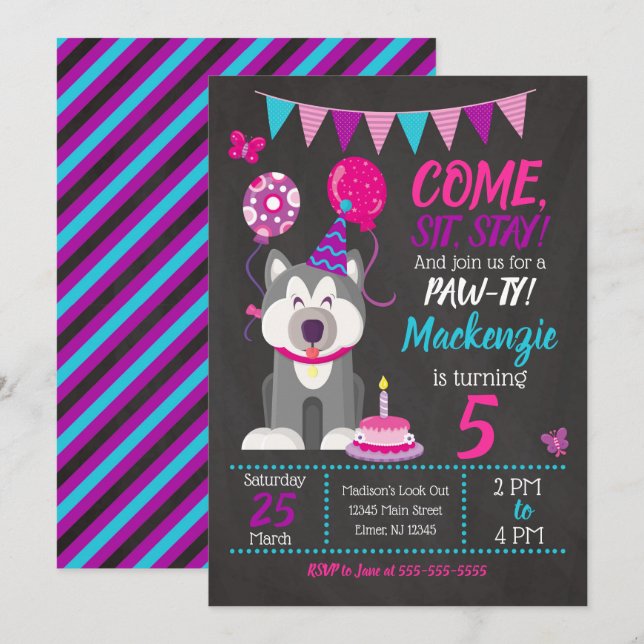 Puppy Birthday Convite Rapariga Rouco-Pata (Frente/Verso)