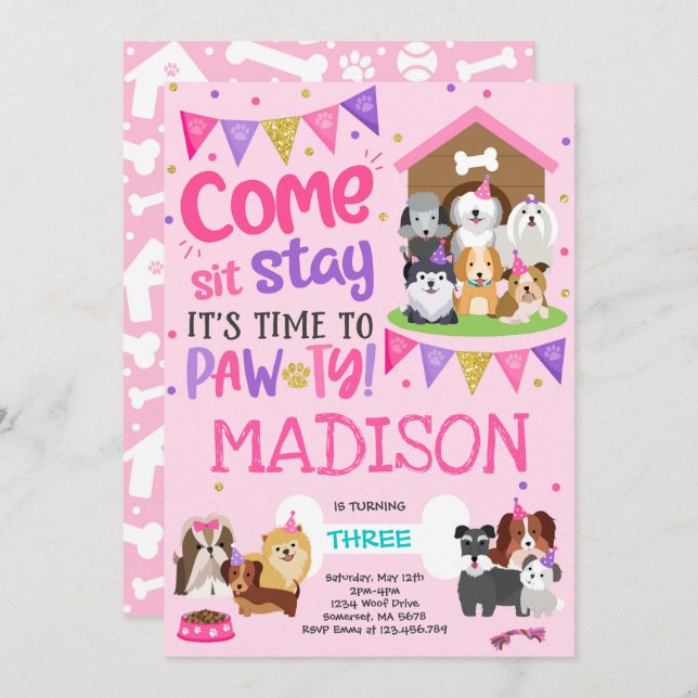 Puppy Convite de festas rosa Cachorro rosado Pawty (Frente/Verso)
