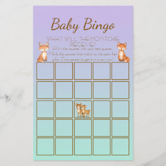 Purple and Mint Woodland Animal Baby Shower Bingo