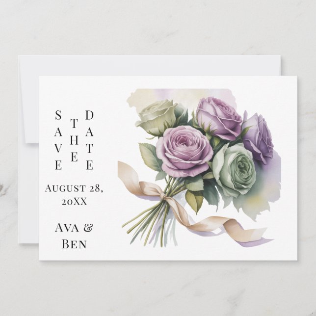 Purple and Sage Green Wedding Save The Date Cards (Frente)