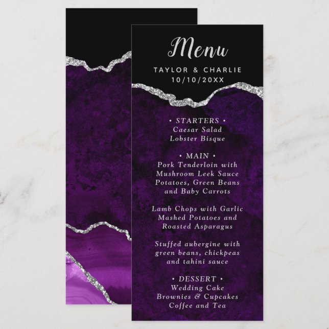 Purple and Silver Agate Wedding Menu (Frente/Verso)