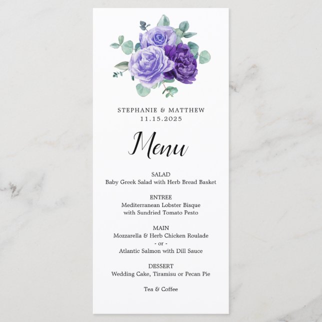 Purple Bloom Eucalyptus Botanical Wedding Menu (Frente)