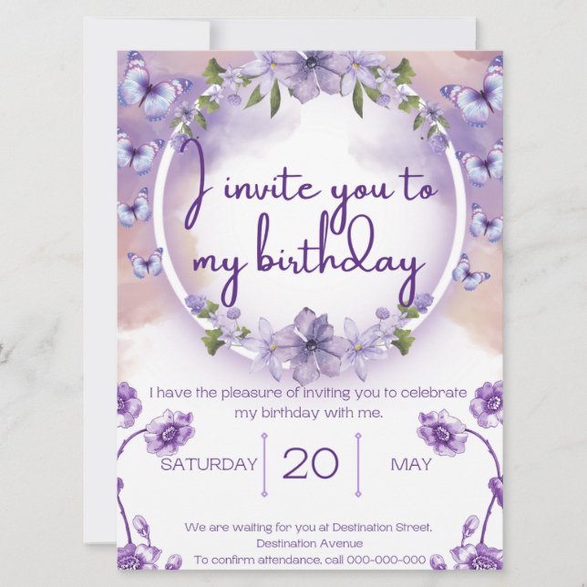 Purple butterflies birthday invitation (Frente)