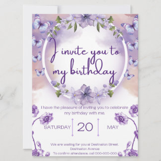 Purple butterflies birthday invitation