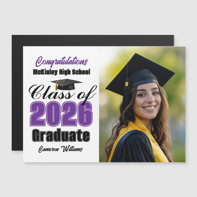 Purple Class of 2026 Graduation Photo Magnet Card (Frente/Verso)