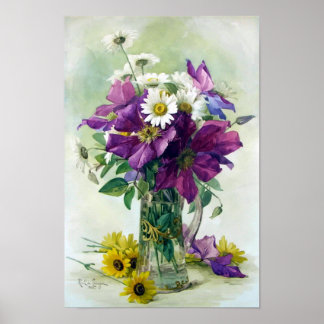 Purple Clematis e White Daisies Impressão
