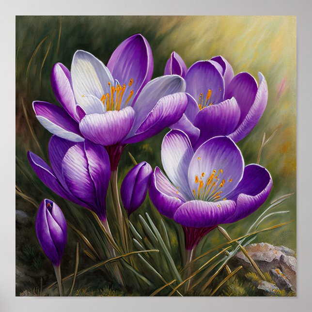 Purple Crocus Flowers Art Impressão Poster (Frente)