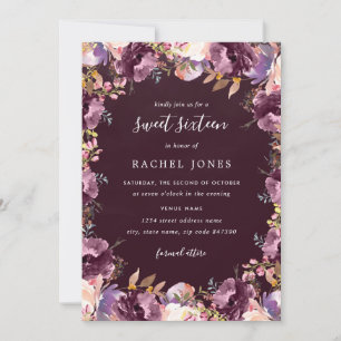 Purple Floral Bloom Sweet 16 Convite