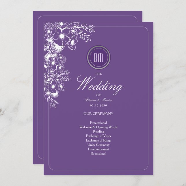 Purple Floral Monogram Wedding Program (Frente/Verso)