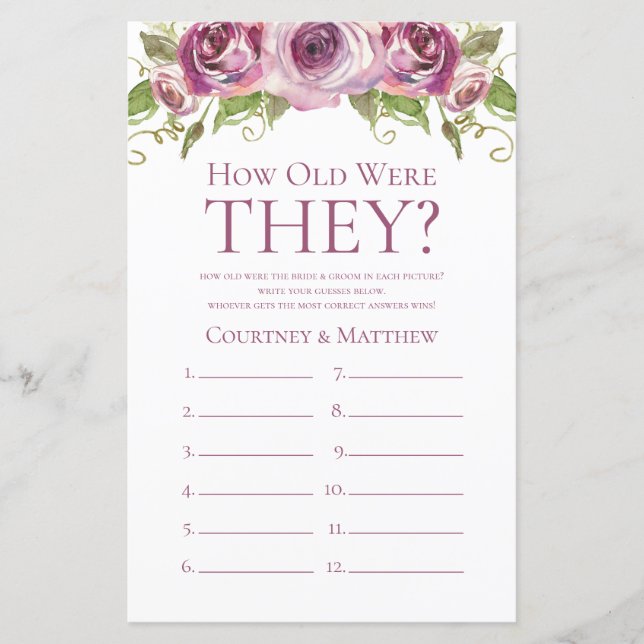 Purple Floral Quão Velho Era O Jogo Do Chá de pane (Frente)