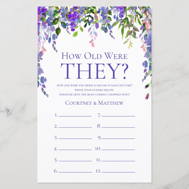 Purple Floral Quão Velho Era O Jogo Do Chá de pane (Frente)