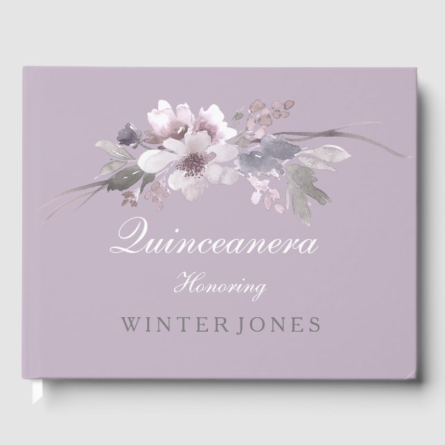 Purple Floral Watercolor Quinceanera Livro de Conv (Frente)