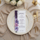 Purple Floral Wedding Menu Card<br><div class="desc">An elegant purple floral wedding menu card featuring soft watercolor flowers in lavender, blush, and white, paired with delicate botanical line art for a romantic and sophisticated look. The tall vertical layout with a slim floral border and clean white background creates a refined presentation for starters, main course, and dessert....</div>