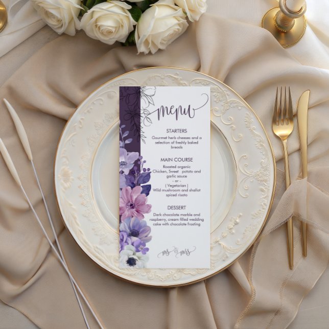 Purple Floral Wedding Menu Card (Criador carregado)