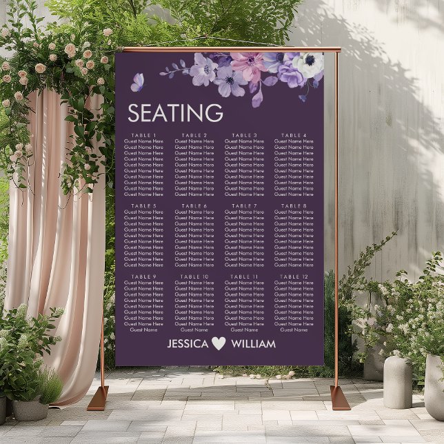 Purple Floral Wedding Seating Chart Poster (Criador carregado)