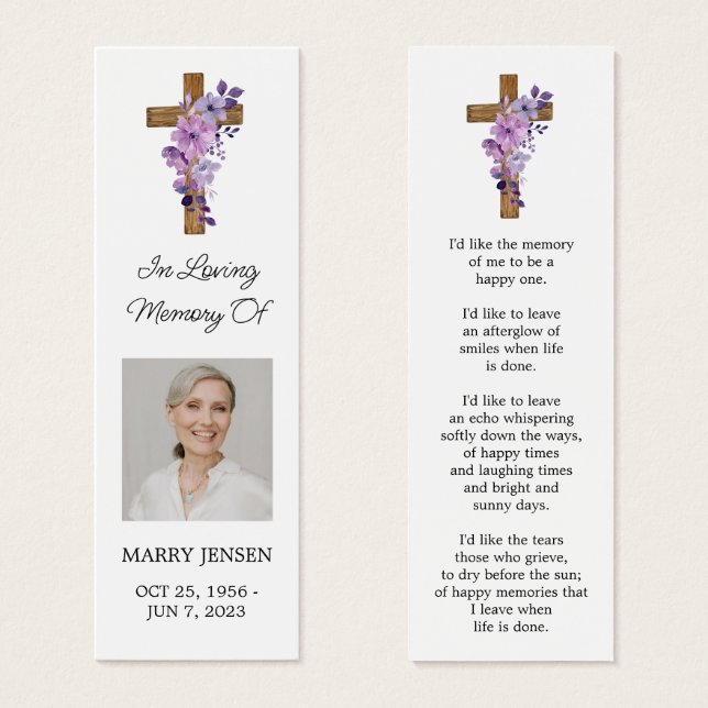 Purple flower Cross Photo Funeral Bookmark (Frente & Verso)