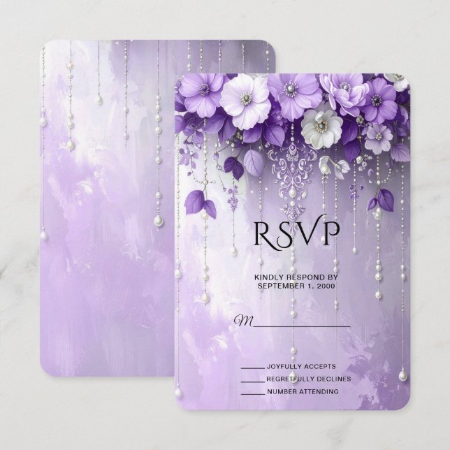 Purple Flowers with Dangling Pearls RSVP Card (Frente/Verso)