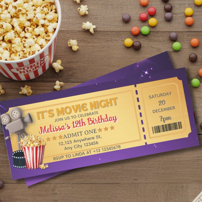 Purple Gold Movie Night Ticket Birthday Party   (Criador carregado)