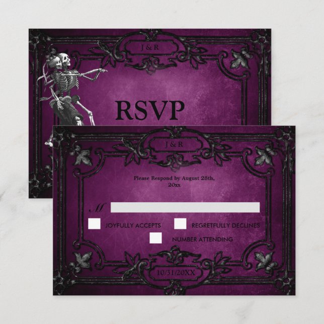 Purple Gothic Halloween Wedding RSVP Card (Frente/Verso)