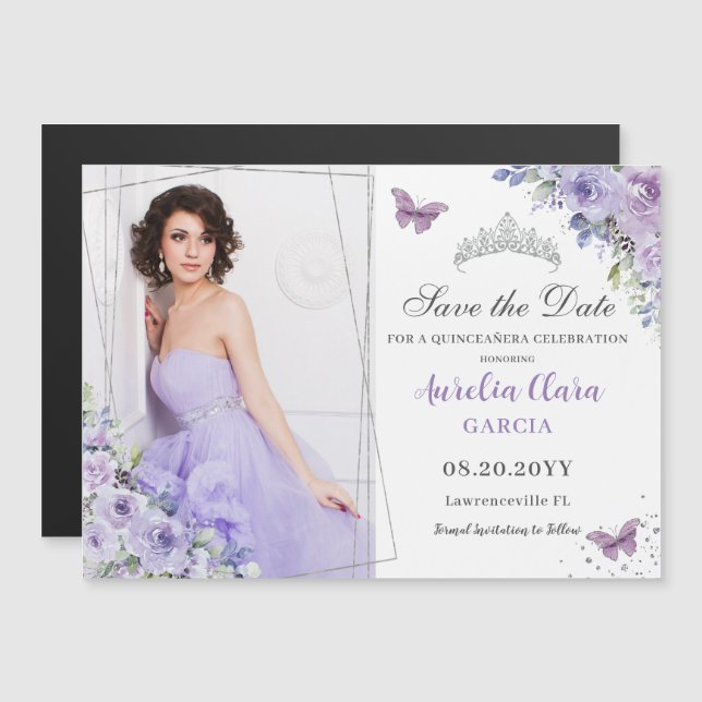 Purple Lilac Floral Quinceañera 16th Salvar a Data (Frente/Verso)
