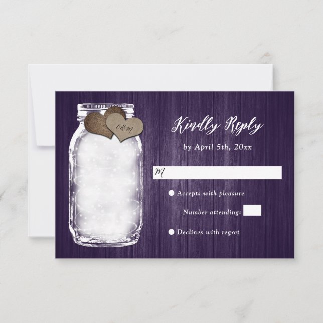 Purple Mason Jar Wood Lights Weding RSVP Card (Frente)
