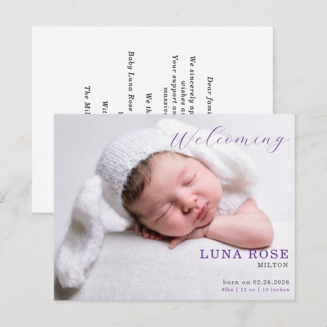 Purple Minimalist Photo Baby Announcement Card (Frente/Verso)