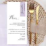 Purple Personalizado com o Menu Elegante de Nome d<br><div class="desc">Porquê gastar cartões de lugar e cartões de menu quando pode ter um Menu elegante All-in-one personalizado com cada nome de convidado! Design contemporâneo, simples e elegante com uma bela caligrafia escrita à mão. Estique no canto superior direito em tom púrpura pálido atraente com o nome de convidado a preto....</div>