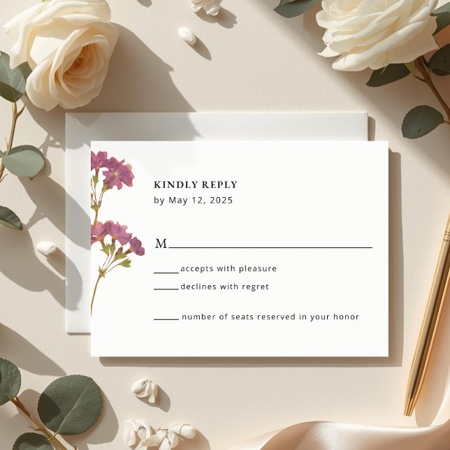 Purple Petunia Floral Wedding RSVP Card (Criador carregado)