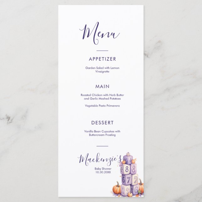 Purple Pumpkin Baby Shower Party Menu (Frente)