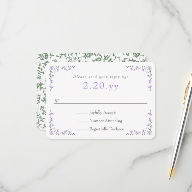 Purple Rose Vine Border Wedding RSVP Card (Frente/Verso In Situ)