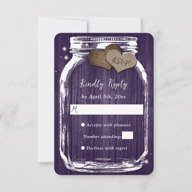 Purple Rustic Wood Hearts Mason Jar Wedding RSVP (Frente)