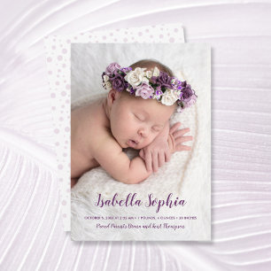 Purple Sweet Baby Photo Birth Announcements