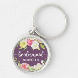 Purple Watercolor Floral Bridesmaid Name Chaveiro