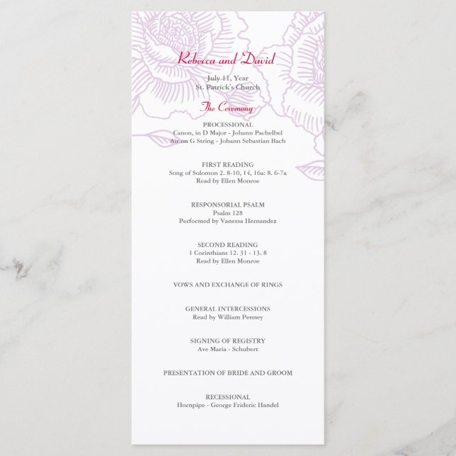 Púrpura do programa de casamento de rosas desenhad (Frente)